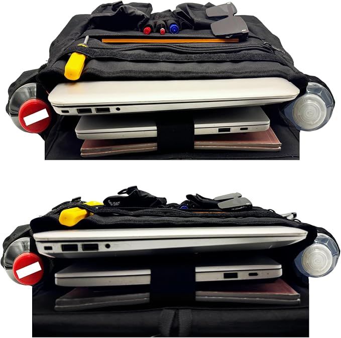 Front & Seat back organizer with dedicated tablet and 15.6 IN laptop storage stabilizers external stabilizing side straps soft adjustable shoulder straps hardened buckle (Black)
