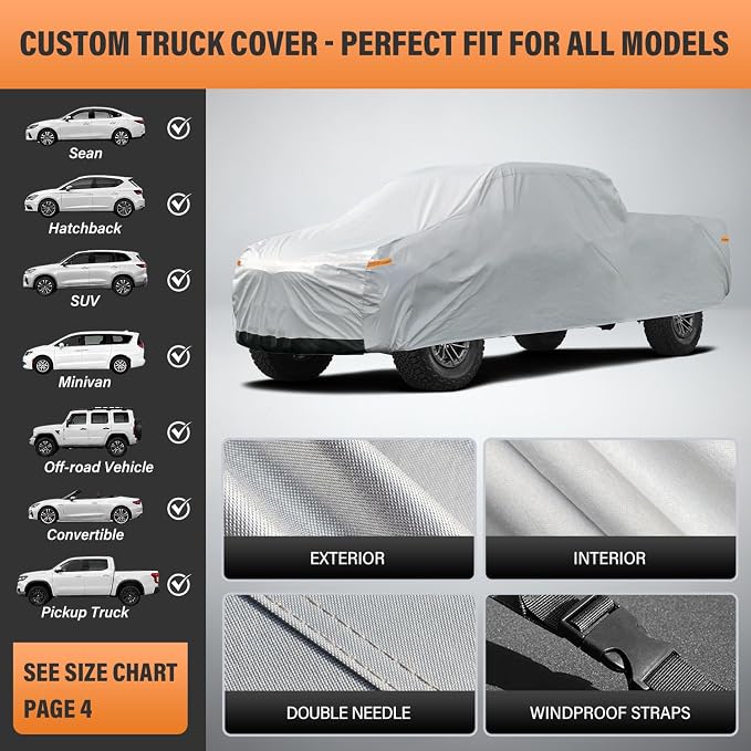 Kayme Truck Cover Waterproof All Weather - See Vehicle Size Chart - Heavy Duty Outdoor Pickup Cover Sun Uv Rain Protection, Universal Fit Most Extended Cab Long Bed, Length Up to 248 inch.