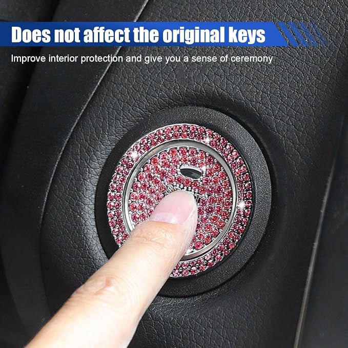 Bling Crystal Car Engine Start Ring Sticker, Sparkling Rhinestone Push Start Button Decorative Cover, Anti-Scratch Key Ignition & Knob Bling Ring Car Interior Accessories for Women (Pink)