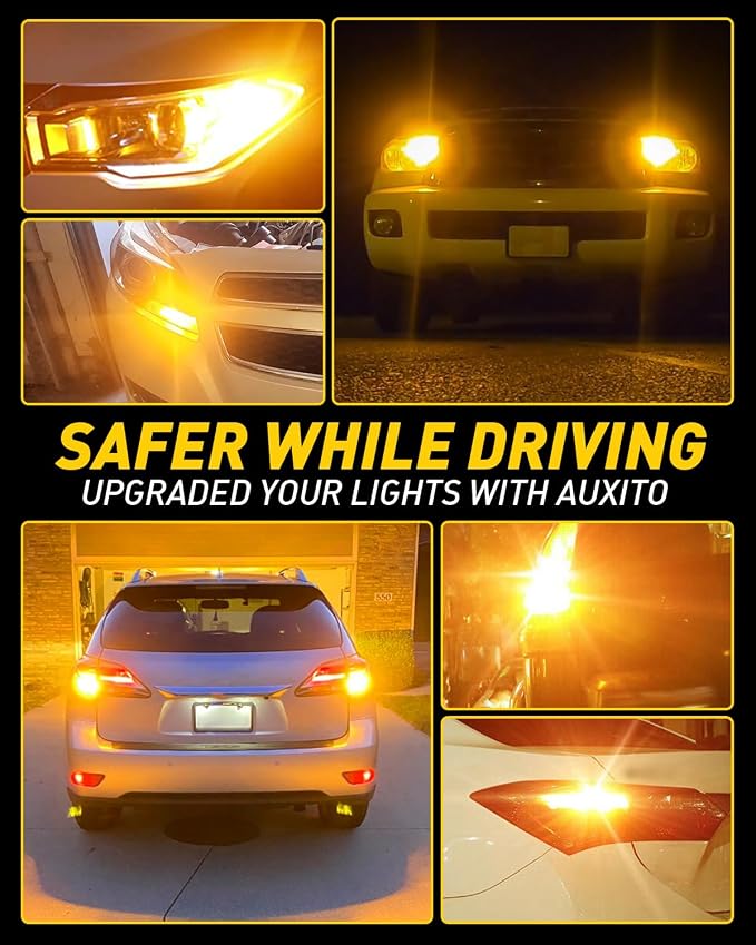 AUXITO CANBUS 3157 LED Bulbs Amber Yellow with Built-in Resistor 3156 3457A 4057 4157 Anti Hyper Flash Error Free Front Rear Turn Signal Lights and Blinker Maker DRL Parking Lights, Pack of 2