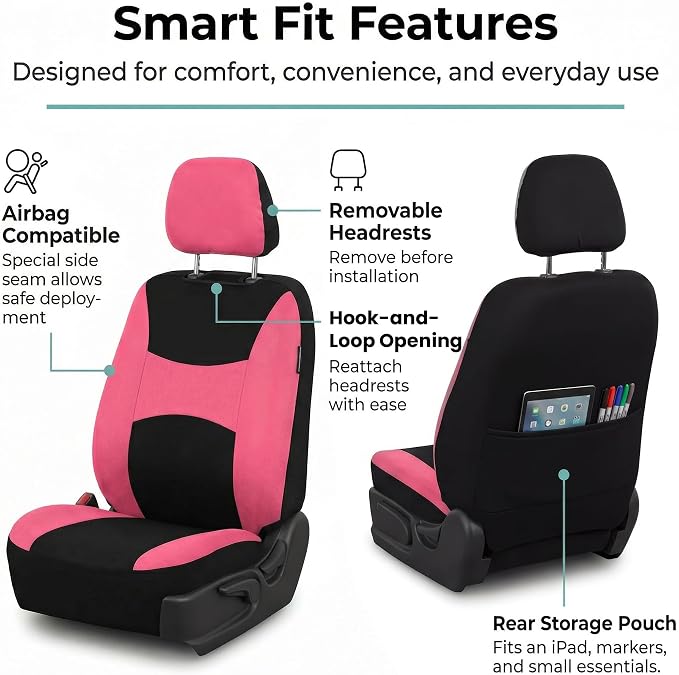 FH Group Universal Car Seat Covers Front Set for SUV Truck Sedan Vans | Waterproof All-Purpose Cloth Seat Cover Set Airbag Compatible Washable Split Bench Protector Interior Upgrade - Pink