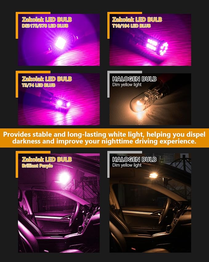 Zakolak 24PCS LED Interior Car Lights, Extremely Bright LED Bulb Kit, Applicable to Dome Map Door Lights and Other Parts Replacement for Your Cars, to Help You See Inside The Car at Night（Purple）