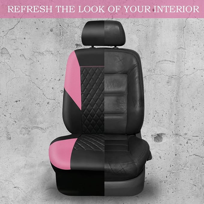 CAR PASS Pink Leather Seat Covers,Girly Quilting Pretty Cute Car Seat Cover with 5mm Composite Sponge Inside,Airbag Compatible, Universal Fit for Most Sedan,SUV,Vans(Full Set,Pink)