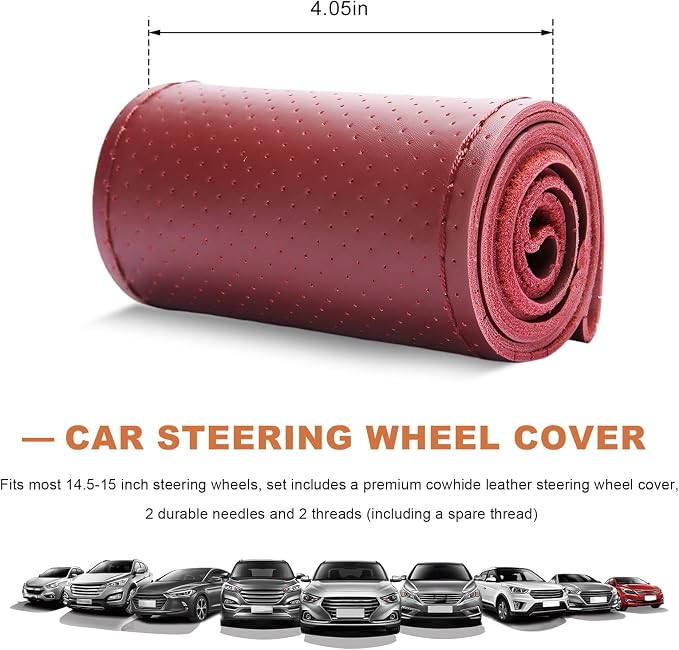 Genuine Leather Steering Wheel Cover, 15 Inch Stitch on Wheel Wrap with Needles & Threads, Breathable Steering Wheel Protector DIY Sewing Wrap for Car Truck SUV (Wine Red, Full Hole)