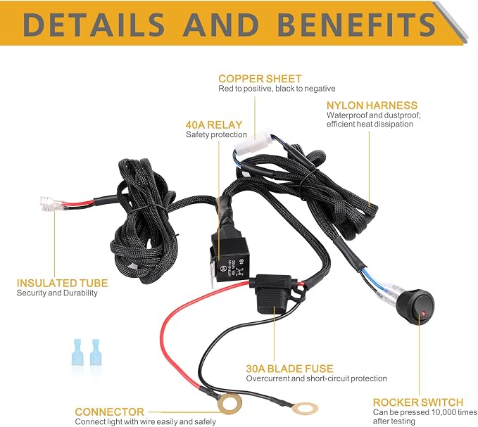 Wiring Harness 1 Lead, Rfroad Lighting Heavy Duty 12V Rocker Switch Nylon Wiring Harness Kit for Led Work Light Bar Fog Lights Driving Lights Offroad LED Pods for Truck UTV ATV Boat