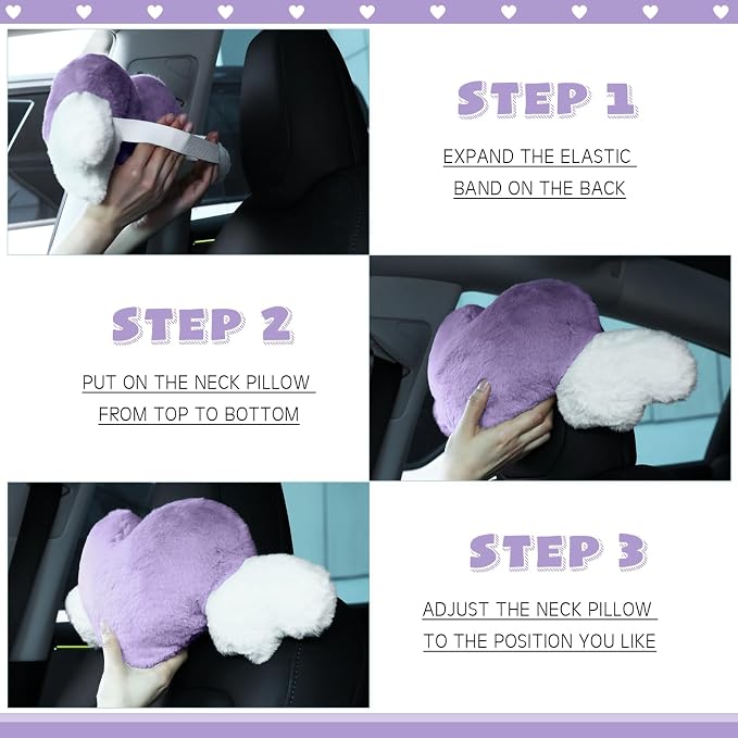 Macarrie 2 Pcs Plush Heart Shaped Pillow with Angel Wings Car Headrest Soft Comfortable Seat Pillow for Driving Travelling Room Office Car Decor, 19.7 x 8.3 Inch(Purple)