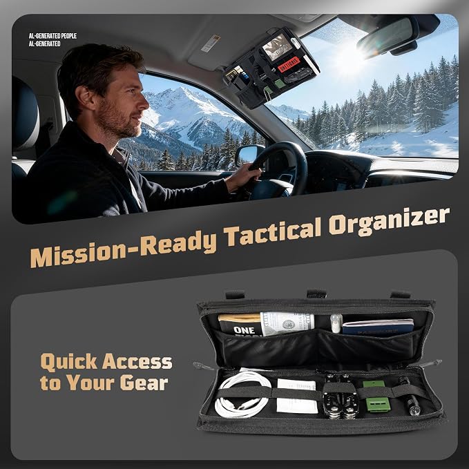 OneTigris Tactical MOLLE Sun Visor Organizer, Car Visor Panel EDC Storage | Features multi pockets with zipper pouch, detachable photo/ID panel, and glasses clip for versatile vehicle storage