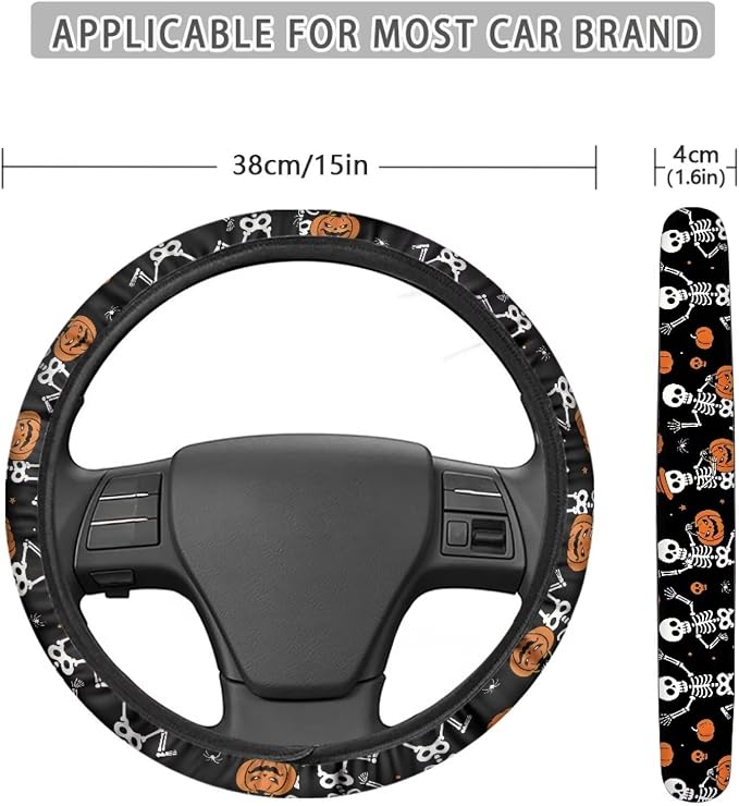 AFPANQZ Universal Fit Car Steering Wheel Cover Stretch-on Comfortable Grip | Funny Skull Pumpkin Print, Sweat Absorption Comfort Grip for Driver Women Men, Halloween Decor