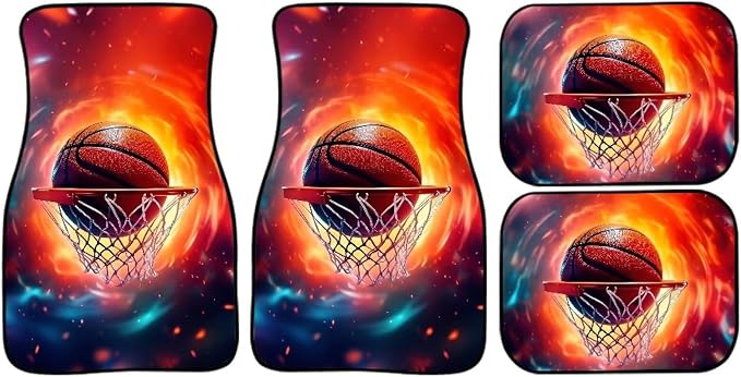 Basketball Print Car Floor Mats Set of 4 Abstract Fire Sports Ball Universal Vehicle Floor Carpet Decorative Auto Front Rear Foot Rugs for Trucks SUV Sedan