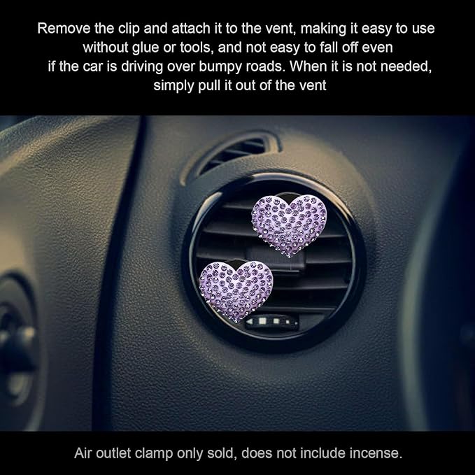 2Pcs Bling Crystal Heart Charms Car Air Vent Clips, Universal Car Interior Decoration Accessories (Purple)