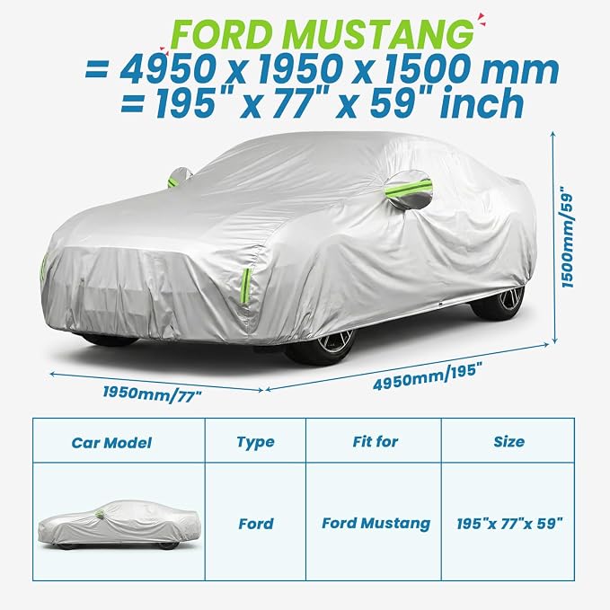 210D Oxford Car Cover Compatible with Ford Mustang, Waterproof Outdoor Full Exterior Coupe Protector, UV Rain Snow Dust, Windproof Straps, Reflective Strips, Silver, 195 x 77 x 59 in