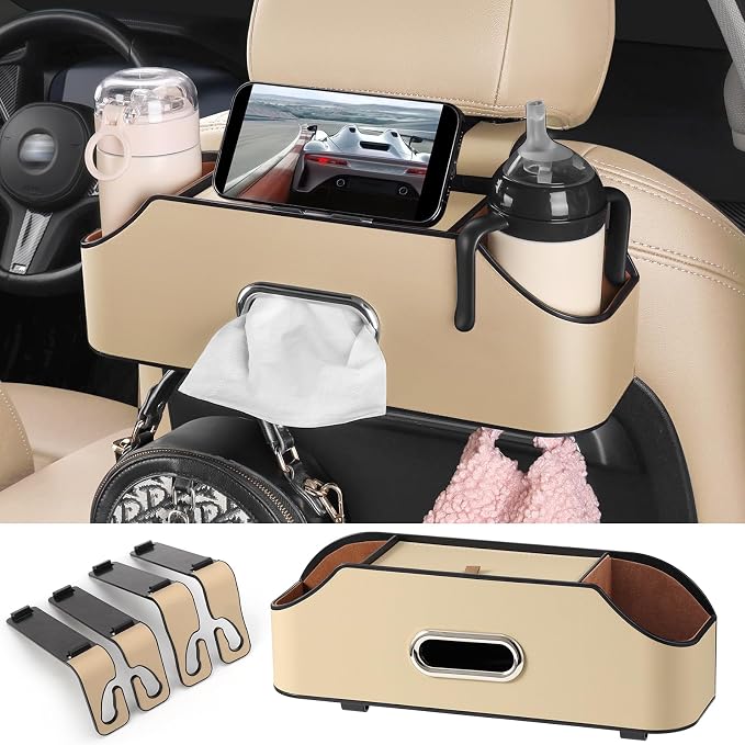 Car Rear Backseat Extra Multifunctional Drink Cup Holder Organizers with Tissue Storage Box Organizer & Hooks for Car Seat Back. Beige