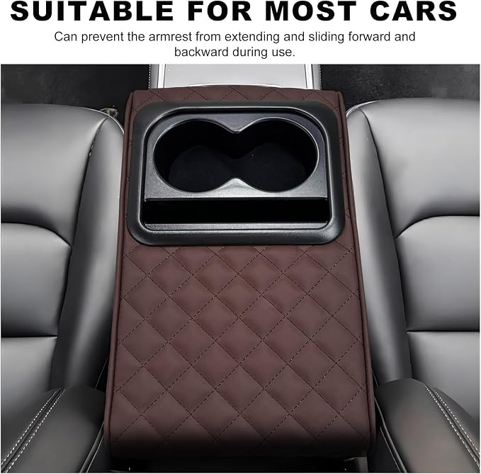 Car Center Console Armrest Pillow, Memory Foam Auto Armrest Box Cover with Cup Holder & Phone Holder, Waterproof Leather Arm Rest Protector Cushion, Interior Car Accessories (Diamond, Coffee)