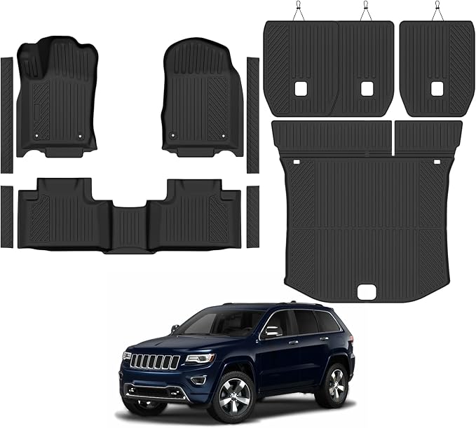 Custom Fit Floor Mats for 2013-2015 Jeep Grand Cherokee, All Weather TPE Floor Liners & Trunk Mat & Backrest Mats & Door Sill Guard, Odorless Full Set Interior Accessories