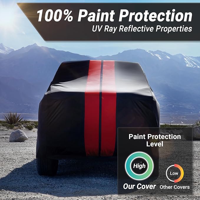 iCarCover Premium Heavy Duty Truck Car Cover - Waterproof All Weather Rain Snow UV Protection, Ram 1500, 2500, 3500, Mega cab 6'4" Standard Bed, Size T89 (See Size Chart), Stripe - Black/Red