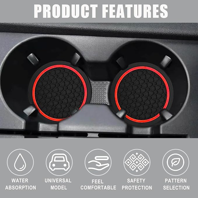 Car Cup Holder Coasters, Dustproof Automotive Interior Accessories Mat,2.75 Inch Non-Slip Insert Water Bottle Holder Pads, Universal for Vehicles, Trucks, RVs and More (Black/Red, 2PCS)