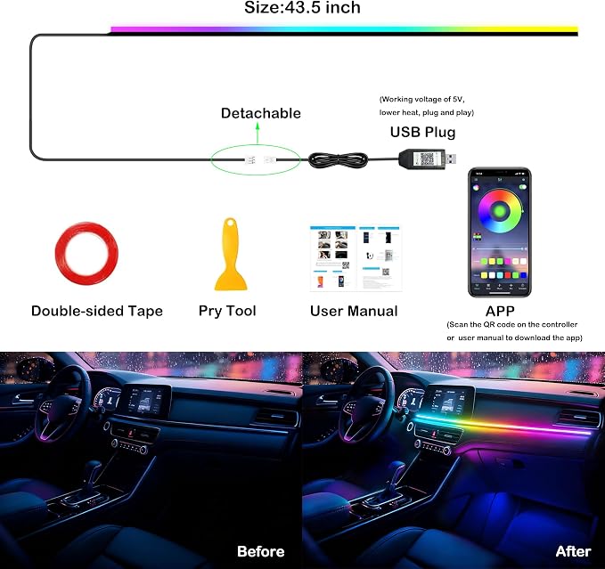 Interior Car LED Strip Lights, RGB Dynamic Dreamcolor Chasing Acrylic LED Lights for Car, USB Powered Ambient Lighting Kits with Wireless APP, Sound Active Function Car Neon Lights (1 in 1)