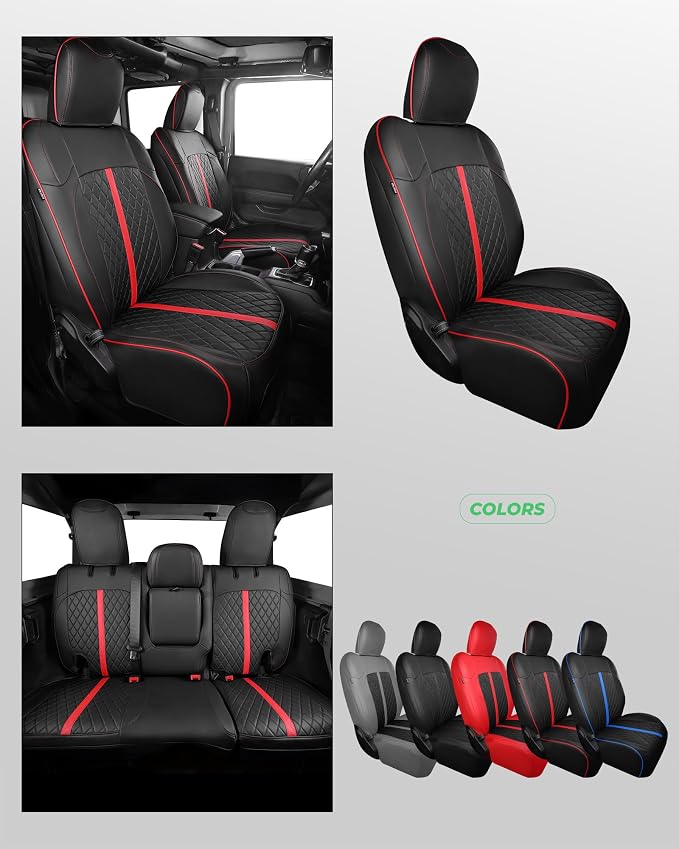 for Jeep Wrangler Seat Covers 4Door JL 2018 2019 2020 2021 2022 2023 2024 2025 2026, Custom Car Seat Cover Full Set, Luxury Waterproof Leather Protectors, Black Red Trim, with Rear Cup Holder