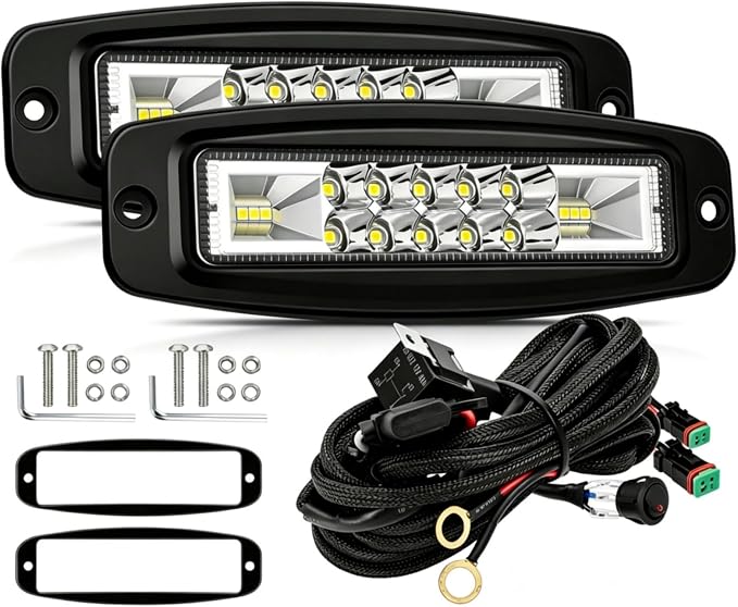 7 Inch Flush Mount LED Pods 2PCS 120W Fog Lights Bumper Reverse Light Bar | 120W 12000LM Spot Flood Combo Beam Driving Work Backup Lights with Wiring Harness Kit - IP68 Waterproof for Truck SUV ATV