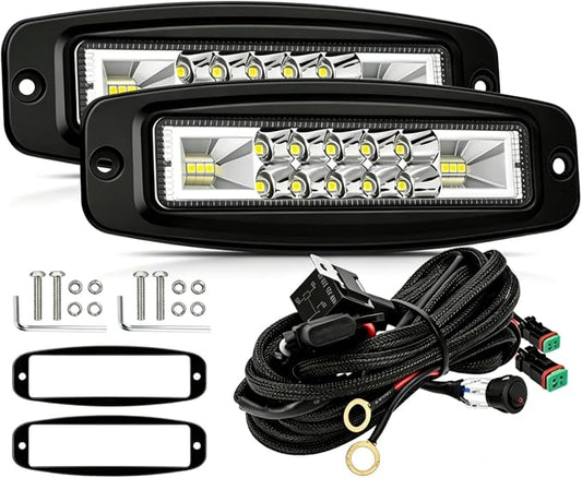 7 Inch Flush Mount LED Pods 2PCS 120W Fog Lights Bumper Reverse Light Bar | 120W 12000LM Spot Flood Combo Beam Driving Work Backup Lights with Wiring Harness Kit - IP68 Waterproof for Truck SUV ATV