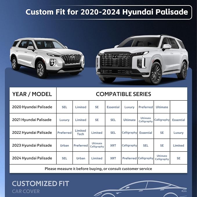 10 Layers SUV Car Cover Custom Fit for Hyundai Palisade (2019-2026) Waterproof All Weather for Automobiles, Outdoor Full Cover Sun UV Rain Protection with Cotton.Black