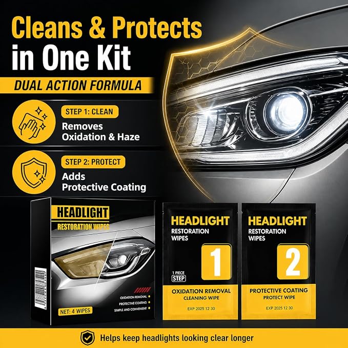 Headlight Restoration Wipes Kit – 2‑Step Headlight Cleaner & Protective Coating – Removes Yellowing & Oxidation, Restores Clarity & Shine – No Tools Needed – Quick DIY Headlight Lens Repair