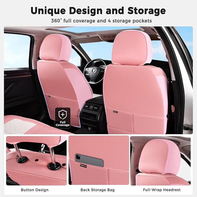 Huidasource Leather Seat Covers for Cars, Front and Rear Car Seat Covers Full Set, Waterproof Automotive Car Seat Cushion Cover 5 Seats Fit for Most Cars SUV Trucks, Pink & White