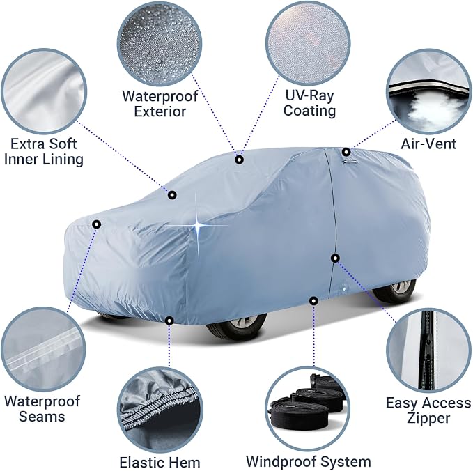 iCarCover 18-Layers Premium Universal Fit SUV Car Cover Waterproof All Weather Sun Rain Snow UV Protection Outdoor Indoor Full Exterior Covers for Automobiles Sedan Hatch Coupe Fit for 155-163 inch