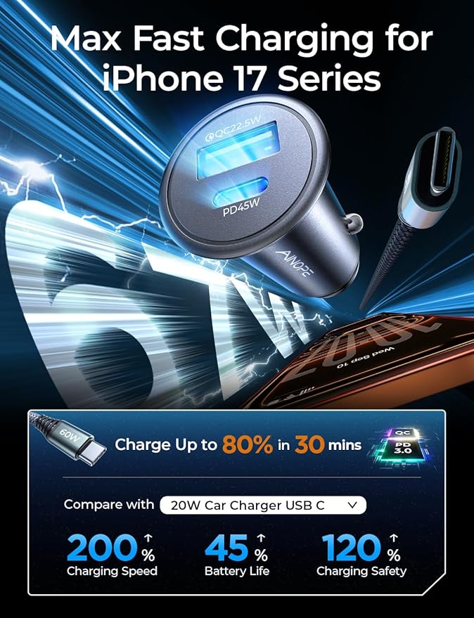 AINOPE 67.5W Car Charger USB C Fast Charge, USB C Car Charger Fast Charging | 【Mini & Metal】 Cigarette Lighter Adapter USB-C Type C Car Charger for iPhone 17 16 15 Pro Max, for Samsung S26 S25