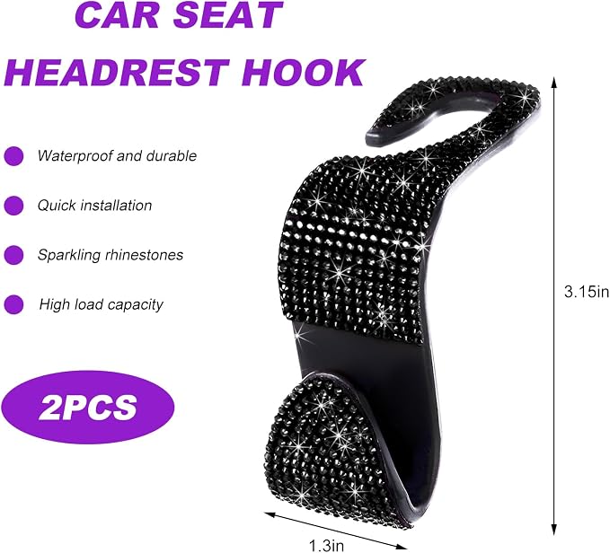 2 PCS Car Seat Headrest Hook, Crystal Rhinestone Seat Hanger Auto Interior Purse Holder, Bling Vehicle Backseat Hangers for Grocery Bags Handbags Coats, Car Accessories (Black)
