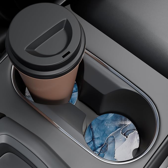 Car Cup Holder Coaster, Car Coasters for Cup Holders, 2 Pack Universal Anti Slip Insert Absorbent Ceramic Auto Interior Accessories with A Finger Notch & Cork Base, Blue Marble
