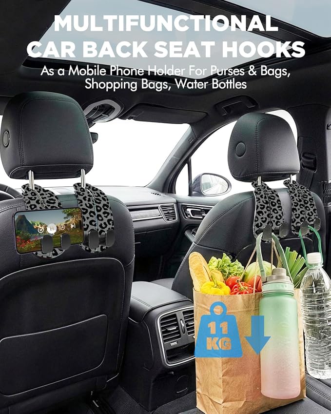 WOCOCN Purse Holder for Car, 2 Pack Heavy Duty Purse Hanger for Car, PU Leather Car Seat Hooks for Purses and Bags, Cute Leopard Print Headrest Organizer for Handbags & Backpacks