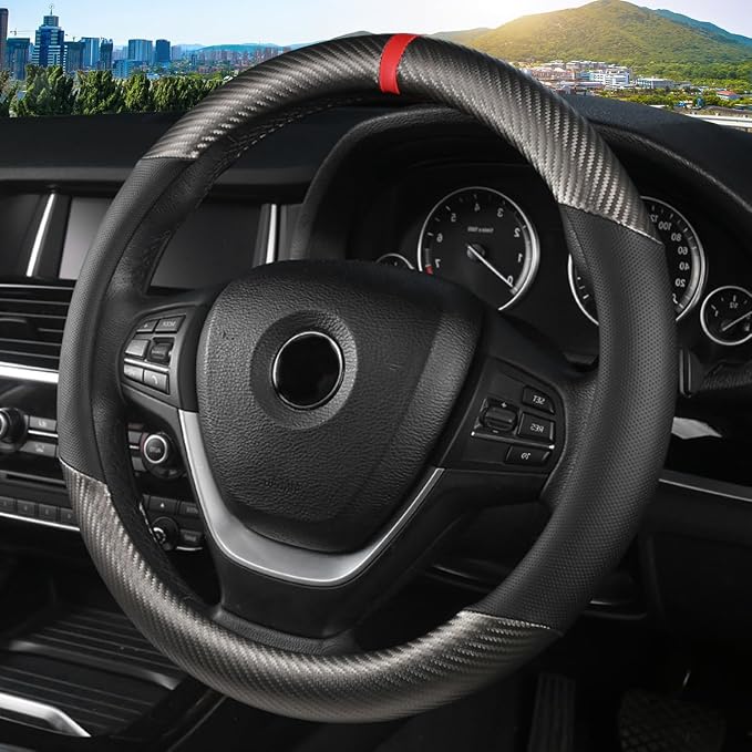 KAFEEK Carbon Fiber Steering Wheel Cover for Men, Car Accessories, Grey | Universal 15 Inch Sporty & Thin Cover, Anti-Slip Breathable Leather with Racing Red Center Stripe