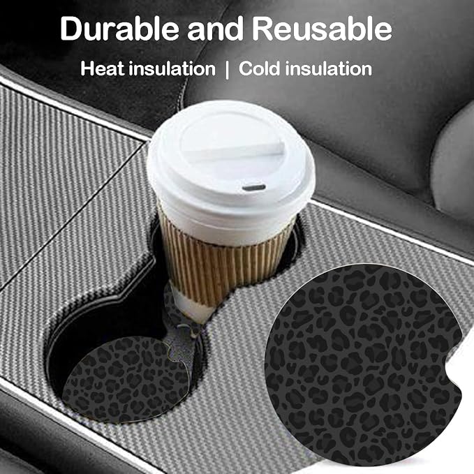 Ceramic Car Coasters – Absorbent Car Cup Holder Coaster Set for Women, Cute Aesthetic Car Accessories for Girls, 2 Pack (Soft Black)