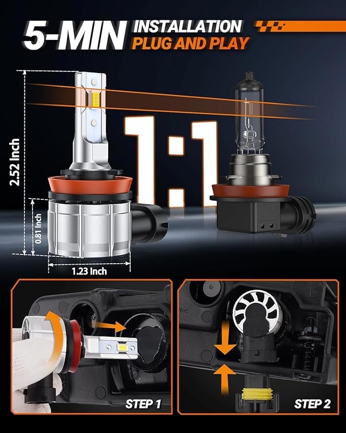 SEALIGHT H11 LED Fog Light Bulbs or DRL, 600% Brightness Fog Light Bulb LED for Cars, 360° Illumination 6500k Cool White, 4.0 Upgrade Dual-row CSP Chips Non-polarity, Pack of 2