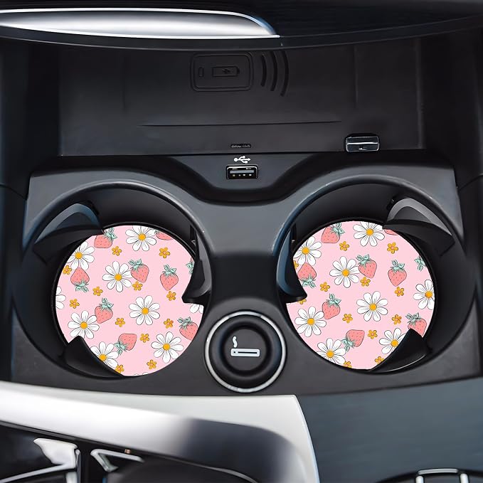 Car Cup Holder Coasters, 2 Pack – 2.75" Universal Auto Anti-Slip Insert Coaster, Rubber Car Coasters, Personalized Car Accessories for Women (Pink Strawberry)