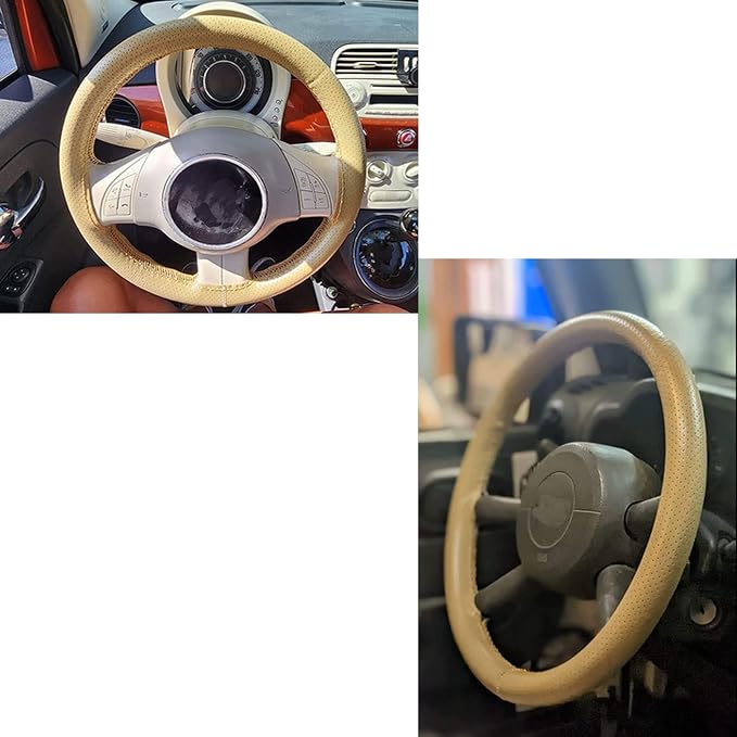 Onerbuy Universal Leather Car Steering Wheel Stitch On Wrap Cover DIY Sewing Breathable and Anti Slip, 15-Inch (Beige)