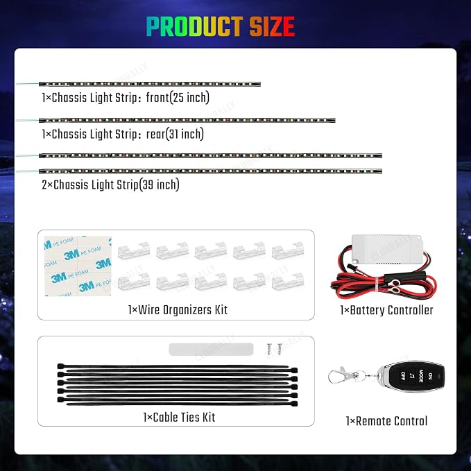 CLUBRALLY Golf Cart Underglow LED Light Strip Kit, 28 Modes Neon Underbody Glow, 12-85V, Music Sync, Wireless Remote Control, Universal for All Golf Carts, EZGO, Club Car, Yamaha, 4 Pack