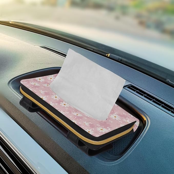 Leather Automotive Visor Tissue Holder Daisy Pattern Rectangular Sun Visor Napkin Hodler Universal Tissue Box for Car Offices Pink