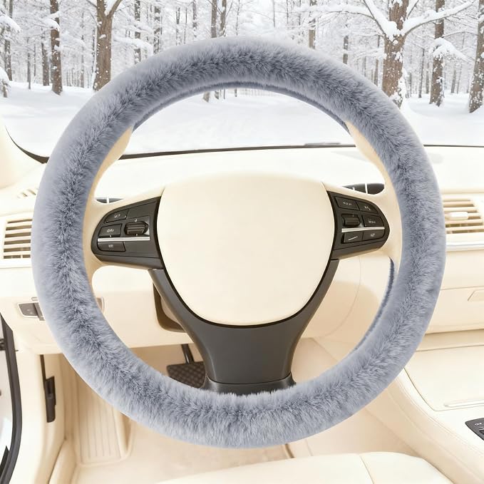 Furry Warm Steering Wheel Cover, Universal 14.5-15 Inch Winter Plush Warm Steering Wheel Cover, Soft Fluffy, Anti-Slip Design, Soft Texture (Gray)
