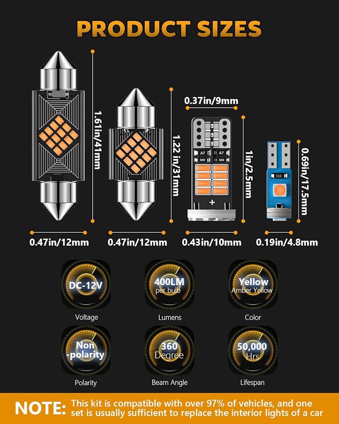 Zakolak 24PCS LED Interior Car Lights, Extremely Bright LED Bulb Kit, Applicable to Dome Map Door Lights and Other Parts Replacement for Your Cars, to Help You See Inside The Car at Night（Yellow）