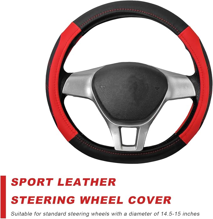 Sport Leather Steering Wheel Cover, 14.5-15 Inch Breathable Auto Steering Wheel Protector with Anti-Slip Lining, Soft Comfortable Leather Wheel Protector for Cars Trucks SUVs (Black & Red)