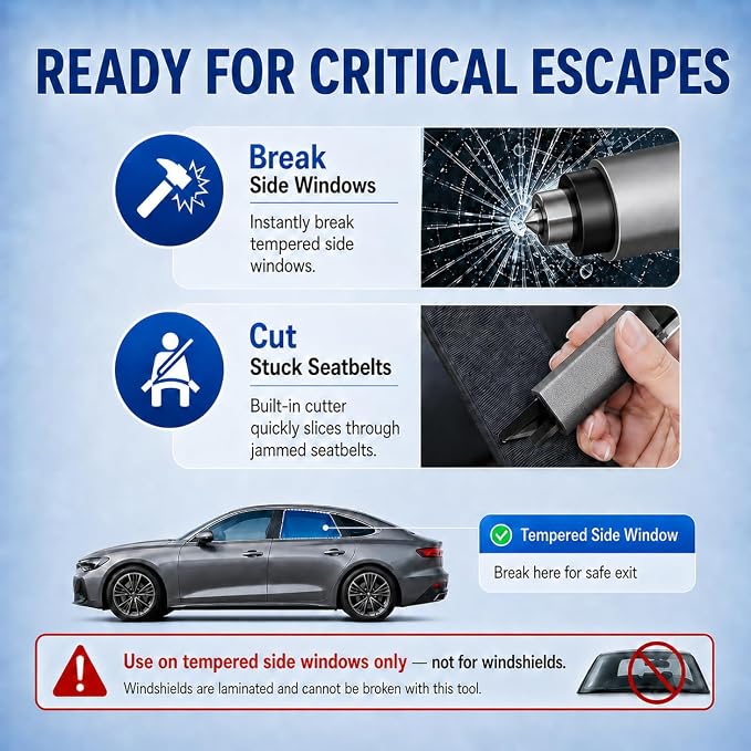 Window Breaker Seatbelt Cutter, 2-in-1 Car Glass Window Breaker Tool, Safety Hammer with Test Glass, Spring Loaded Emergency Escape Hammer for Sinking Cars, Flood Rescue 4PCS(Grey)