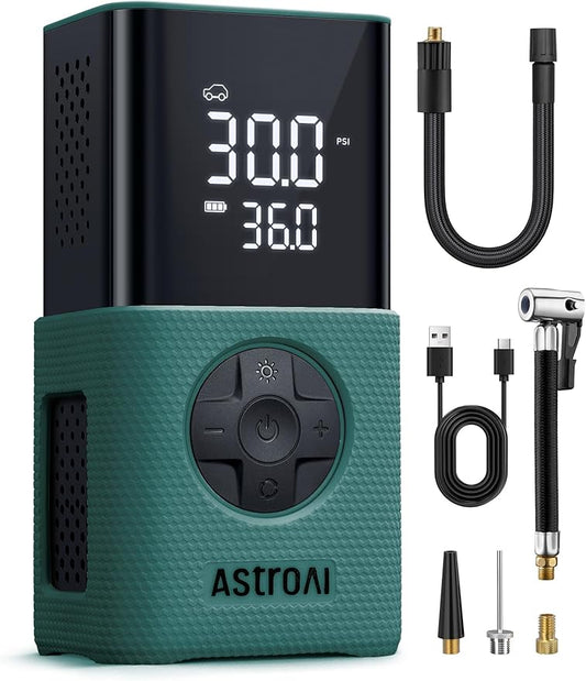 AstroAI L7S Tire Inflator Portable Air Compressor Cordless with Digital Pressure Gauge, 150 PSI LED Light Bike Air Pump with Fast Inflation & Auto Shut-Off for Car Tires,Motorcycles,Bikes,Balls,Green