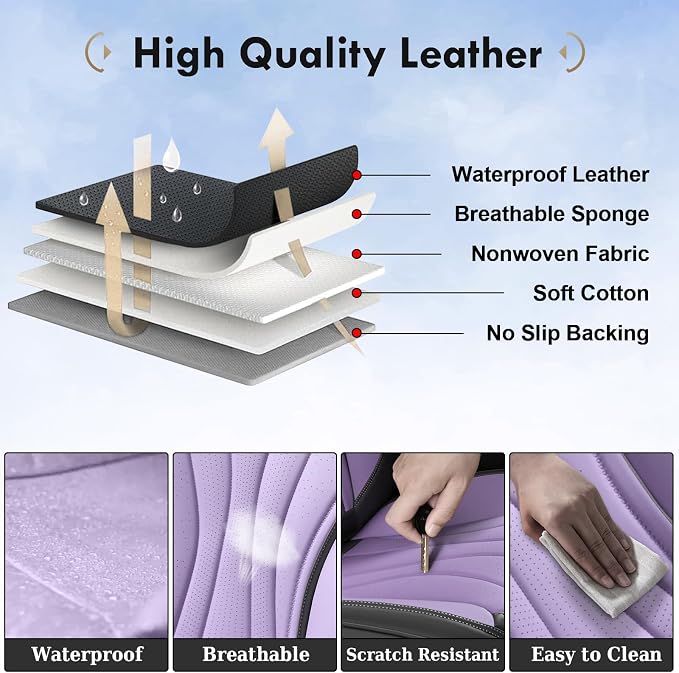 Coverado Seat Covers Full Set, Leather Car Seat Covers, Waterproof Seat Covers for Cars, Front and Back Car Seat Protectors, Car Seat Cushions Universal Fit for Most Cars (Gray&Purple)