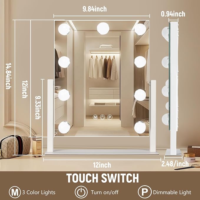 Ratsamee Hollywood Vanity Mirror with Lights, 12" x 14", 9 Dimmable Bulbs, 3 Color Lights, Make Up Lighted Mirror, 10x Magnification 360°Rotation White