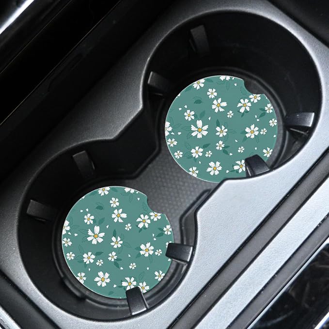 2pcs Cute Blue Flowers Car Coasters,Absorbent Universal neoprener Cup Holder Coasters with a Finger Notch,Car Accessories for Women&Man Interior，2.75" 2