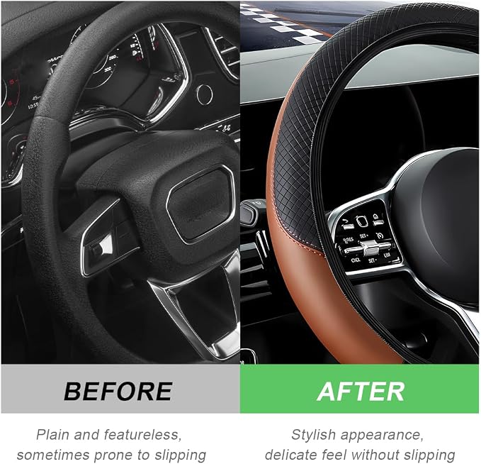 DXNQ Car Steering Wheel Cover, 15 Inch Carbon Fiber Leather Stitching Color Steering Wheel Protector, Anti-Slip Elastic Breathable Steering Wheel Cover Stylish Decor for Most Cars (Black&Khaki, AD)
