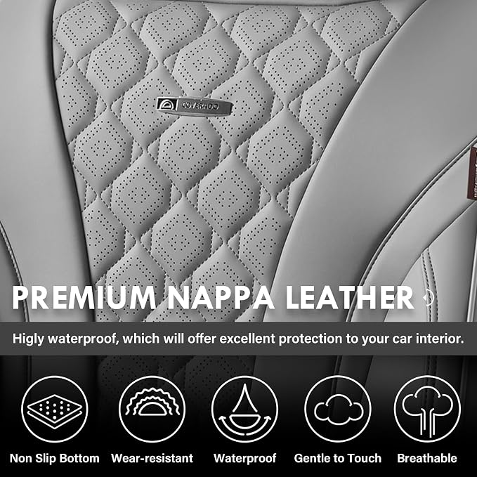 Coverado Leather Seat Covers, Car Seat Covers Full Set, Perforated Diamond Leather Car Seat Cover, Waterproof Car Seat Protector Seat Cushion, Universal 5 Seats Seat Cover Fit for Most Cars, Gray