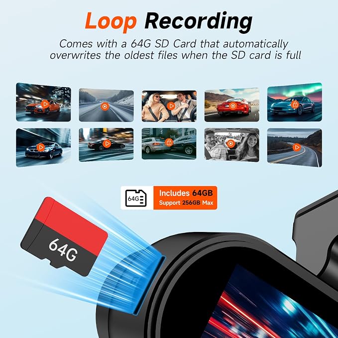 GT902 Dashcam 4K 3 Channel Dash Cam Front Rear Inside, True 170° Wide Angle, 3.19" IPS Screen 2.4G WiFi Custom APP Control, Loop Recording Collision Lock G-Sensor Parking Monitor, 256GB Storage Max